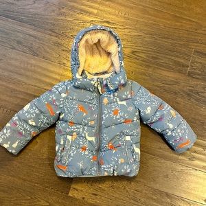 Mini Boden Size 3-4 Woodland Puffer Jacket Sherpa Hood Removable